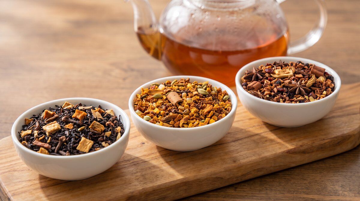 Three bowls of loose autumn teas: pumpkin spice chai, pumpkin herbal blend and apple cider fruit tea, with a glass teapot