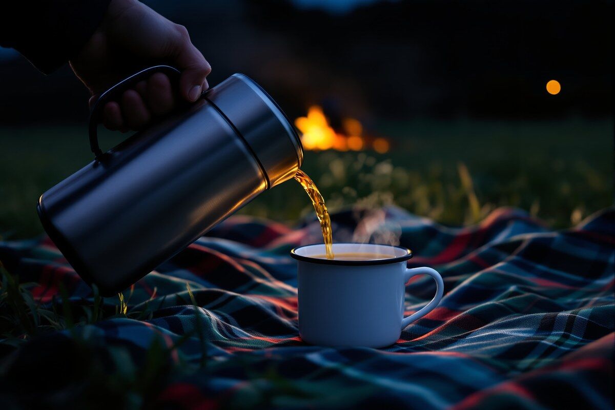 A steel flask pouring hot tea into a cup on a picnic blanket at night