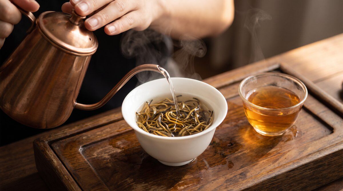 Pouring hot water from a gooseneck kettle into a gaiwan of Jin Jun Mei buds, with a cup of golden tea