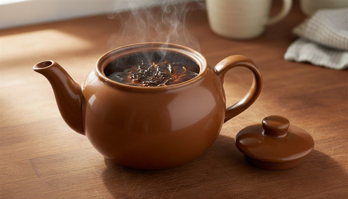 Loose black tea brewing strong in a ceramic teapot