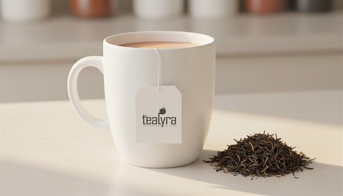 Mug of builder's tea with milk and a Tealyra tea tag, next to loose black tea