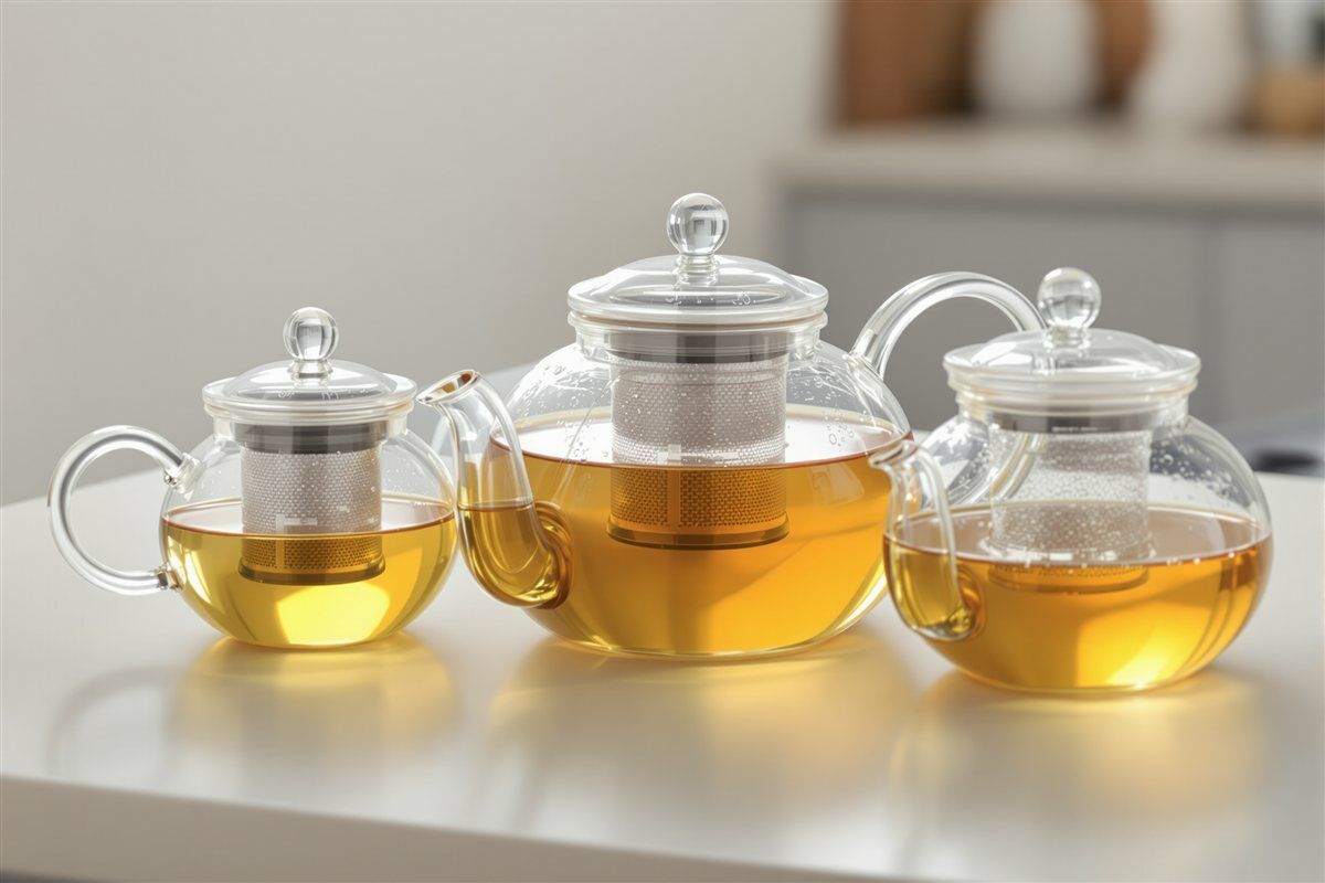 Small, medium and large glass teapots side by side