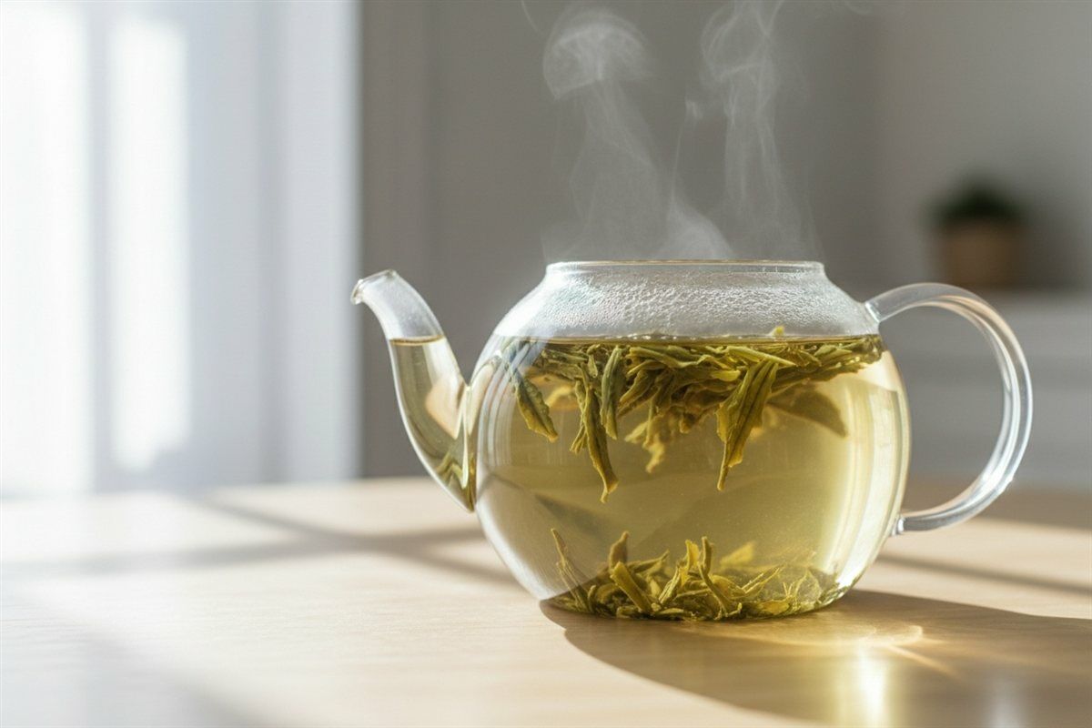 Green tea leaves unfurling inside a glass teapot