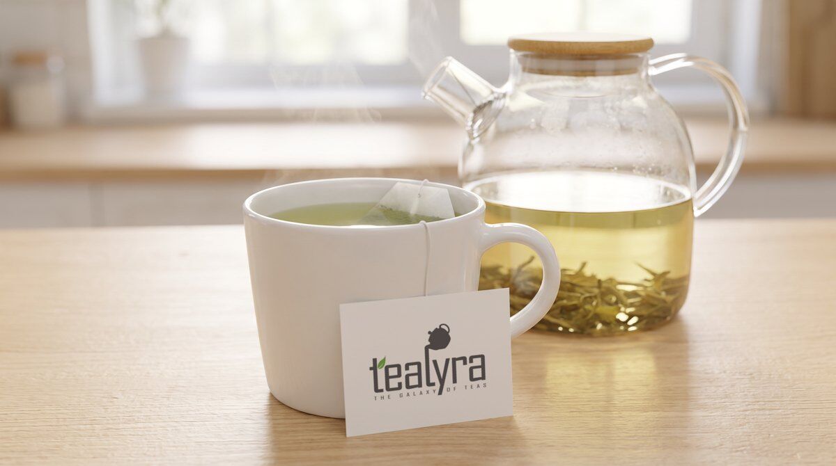 Mug of green tea with a Tealyra tea bag tag in front of a clean glass kettle