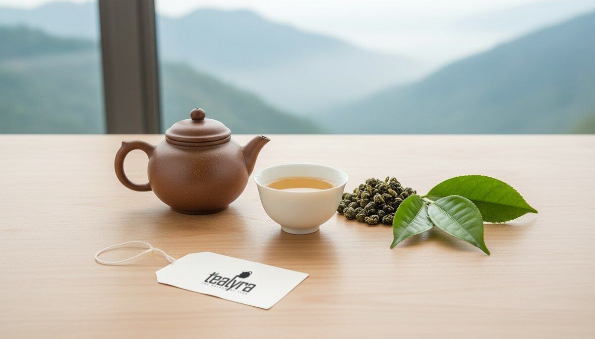 Clay teapot and cup of high mountain oolong with rolled oolong leaves and a Tealyra tea tag