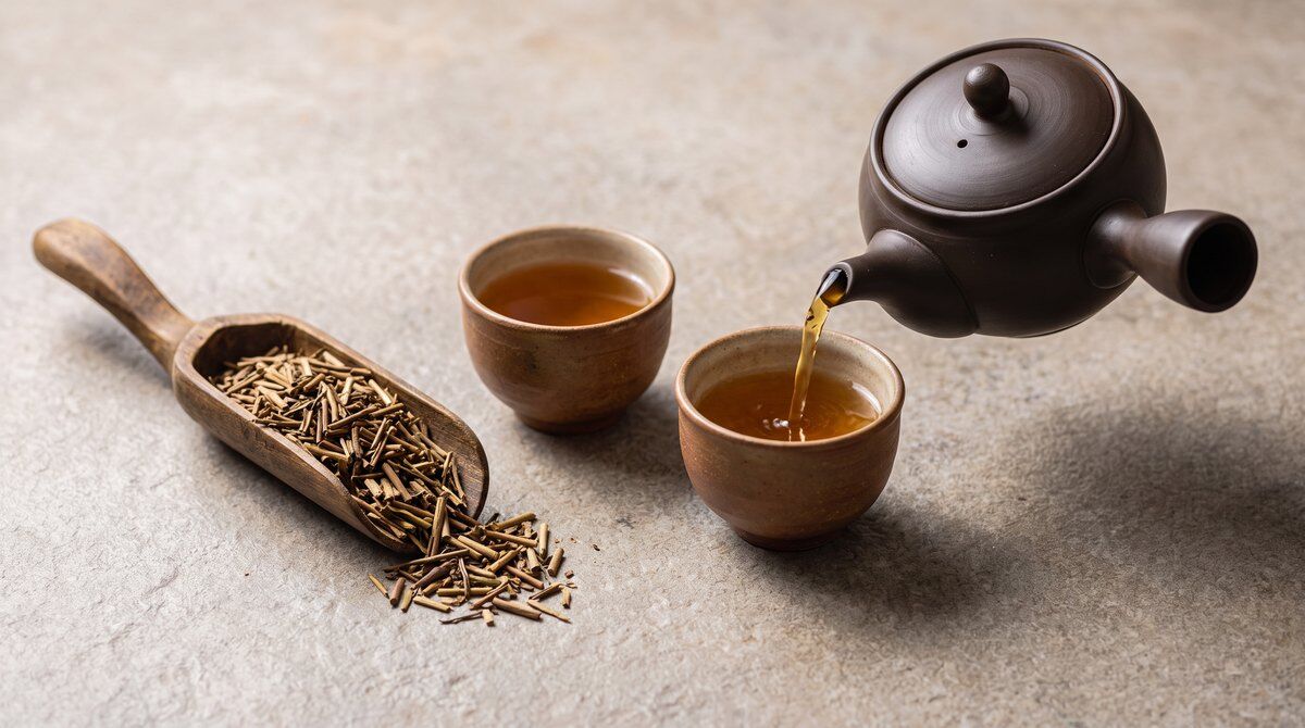 Pouring amber hojicha from a kyusu teapot into two small cups, with roasted hojicha leaves in a wooden scoop