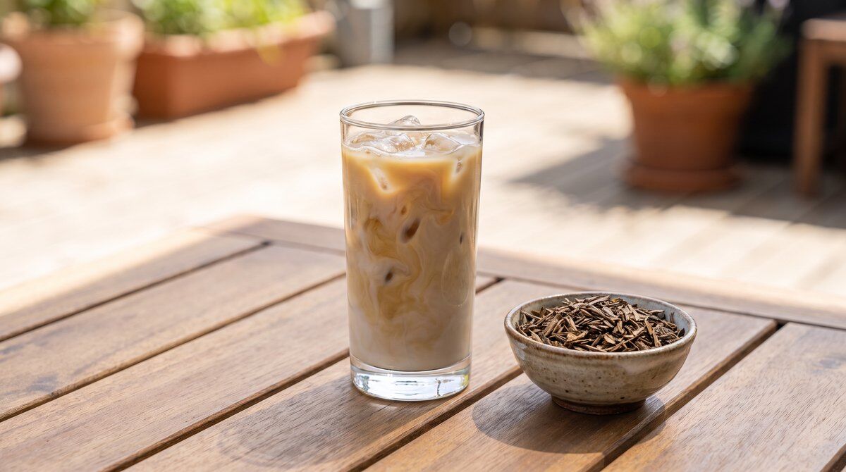 Iced hojicha latte in a tall glass with a bowl of roasted hojicha leaves on a sunny outdoor table