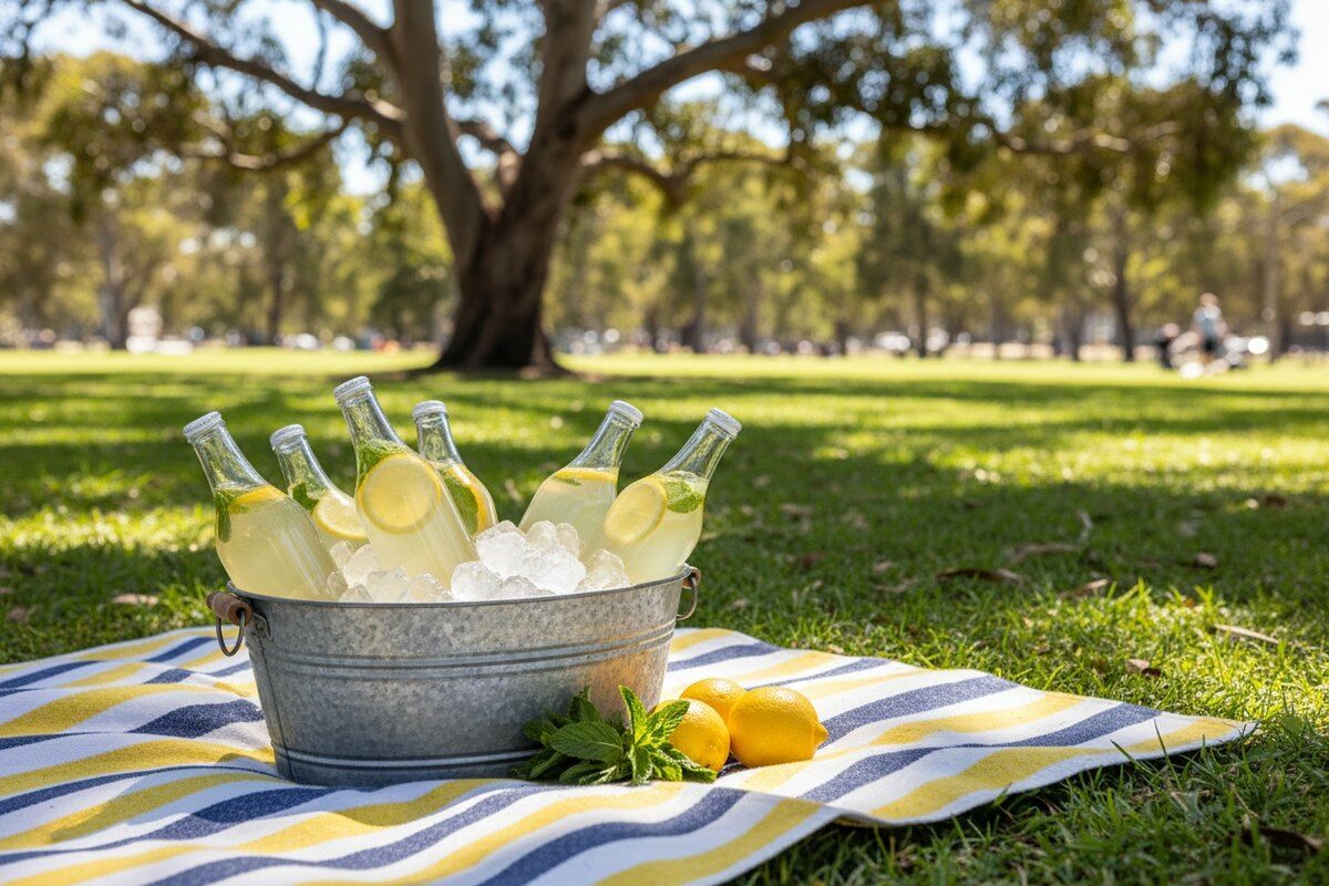 Bottles of iced lemon tea in a tub of ice on a picnic blanket under a gum tree