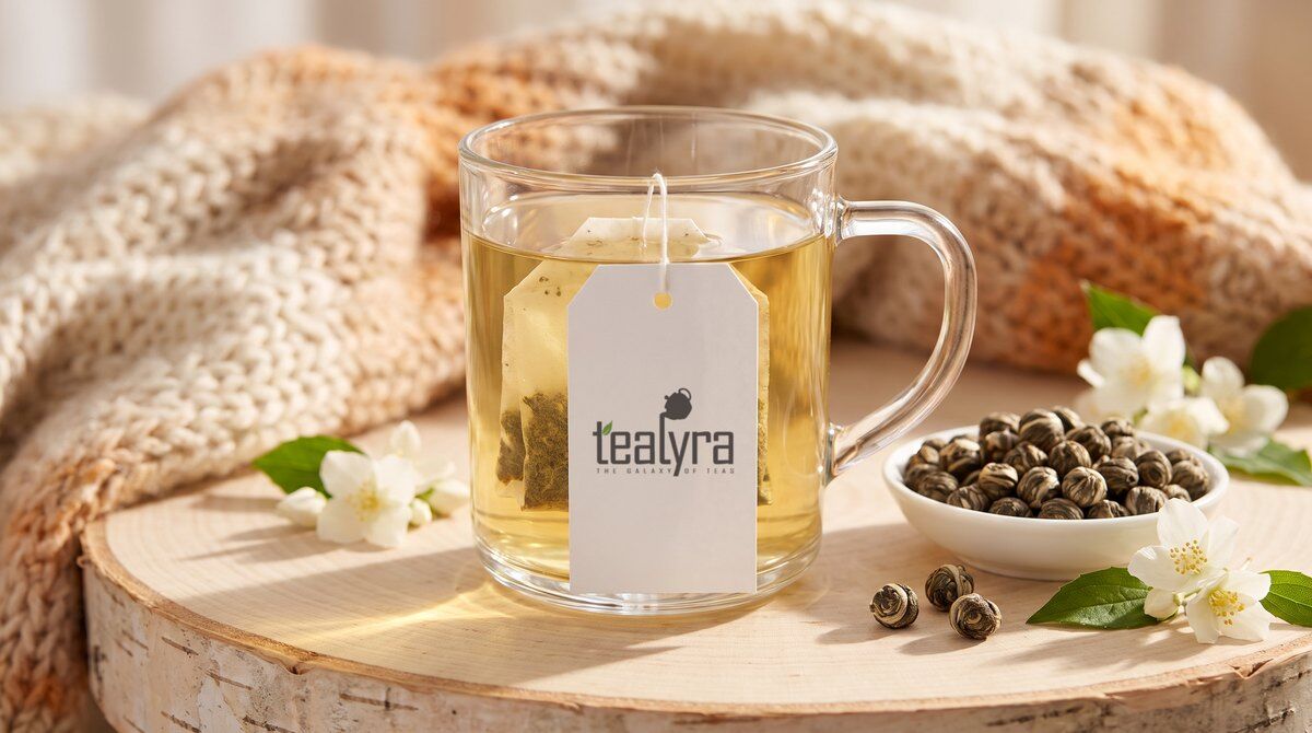Glass mug of jasmine green tea with a Tealyra tea bag tag, jasmine pearls and jasmine flowers