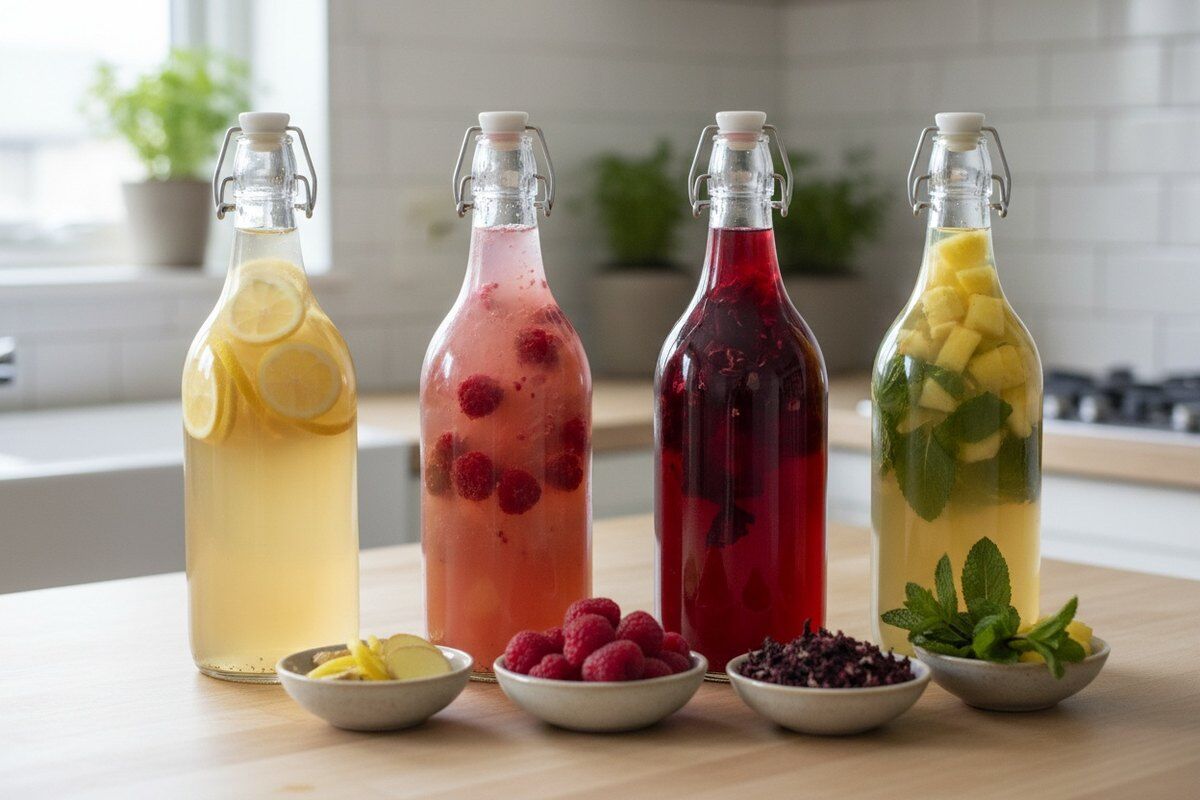 Four swing-top bottles of homemade kombucha flavored with ginger and lemon, raspberry, hibiscus and mint with pineapple