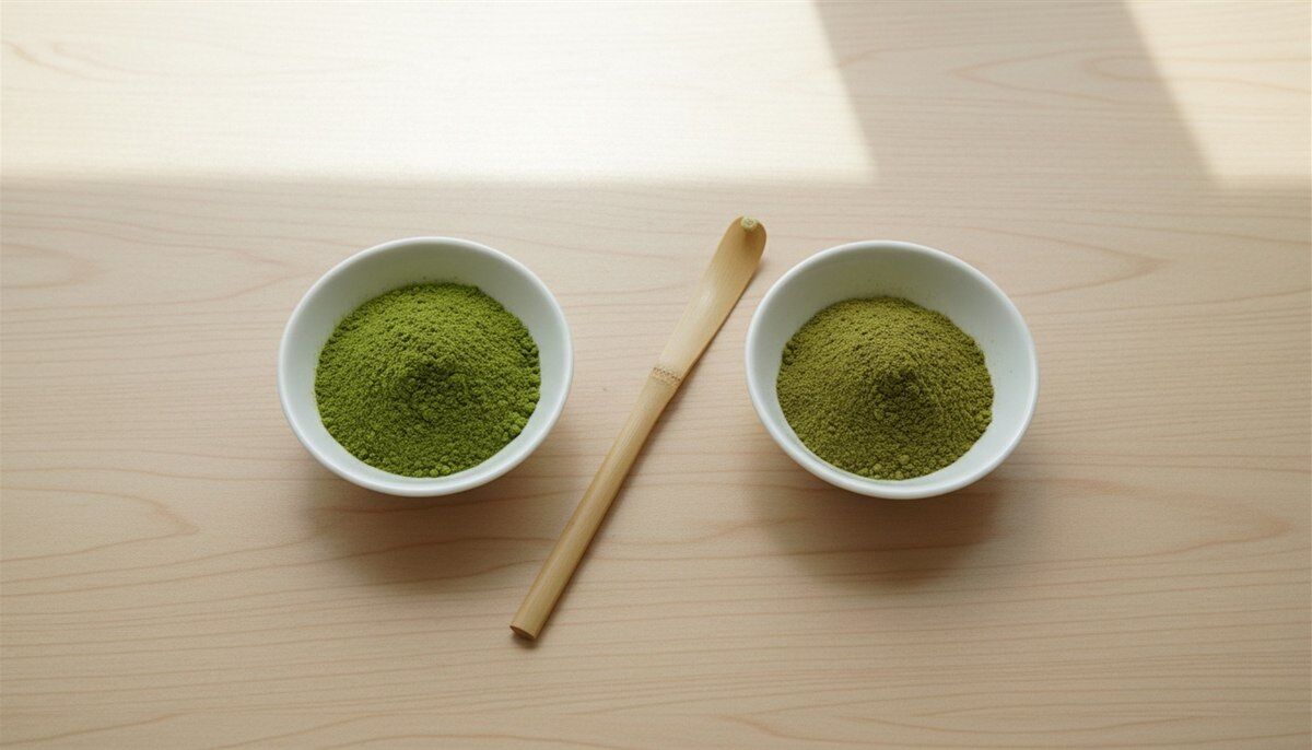 Matcha cérémonial vert vif à côté d'un matcha culinaire plus foncé