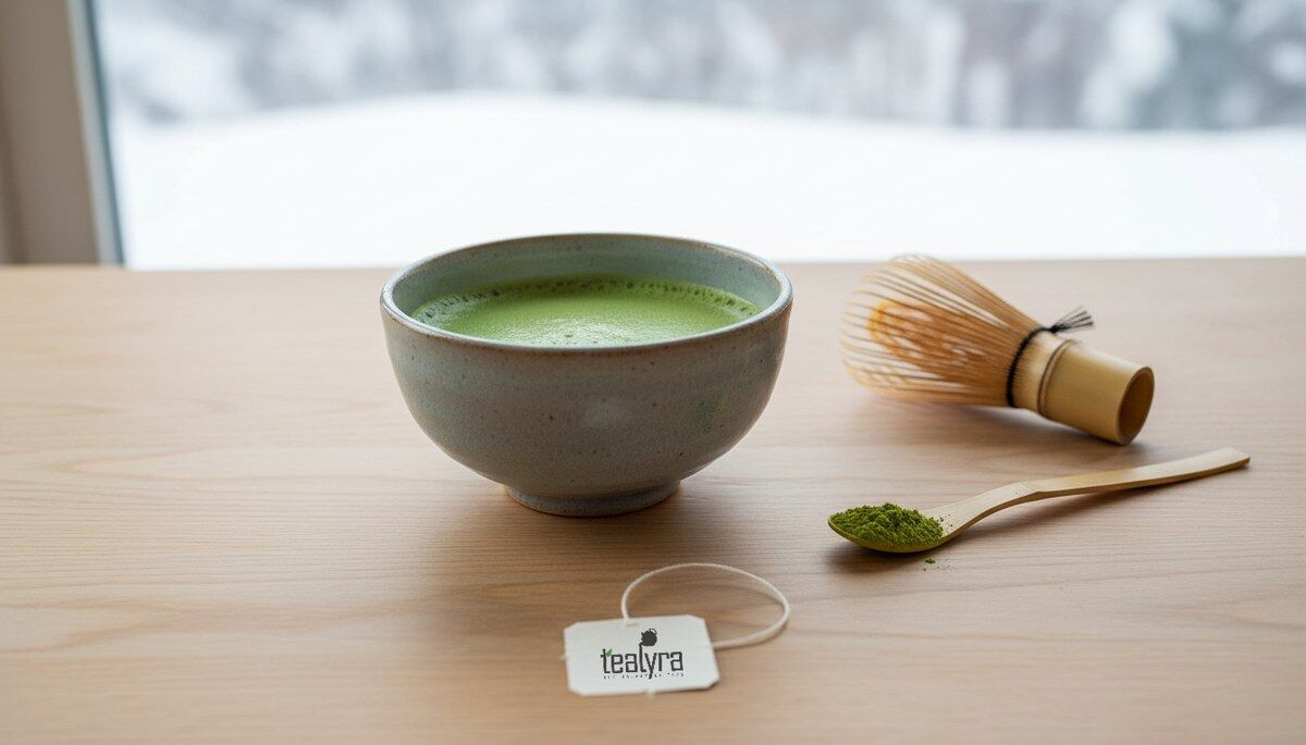 Bowl of whisked matcha with a bamboo whisk, scoop and a Tealyra tea tag on a wooden table