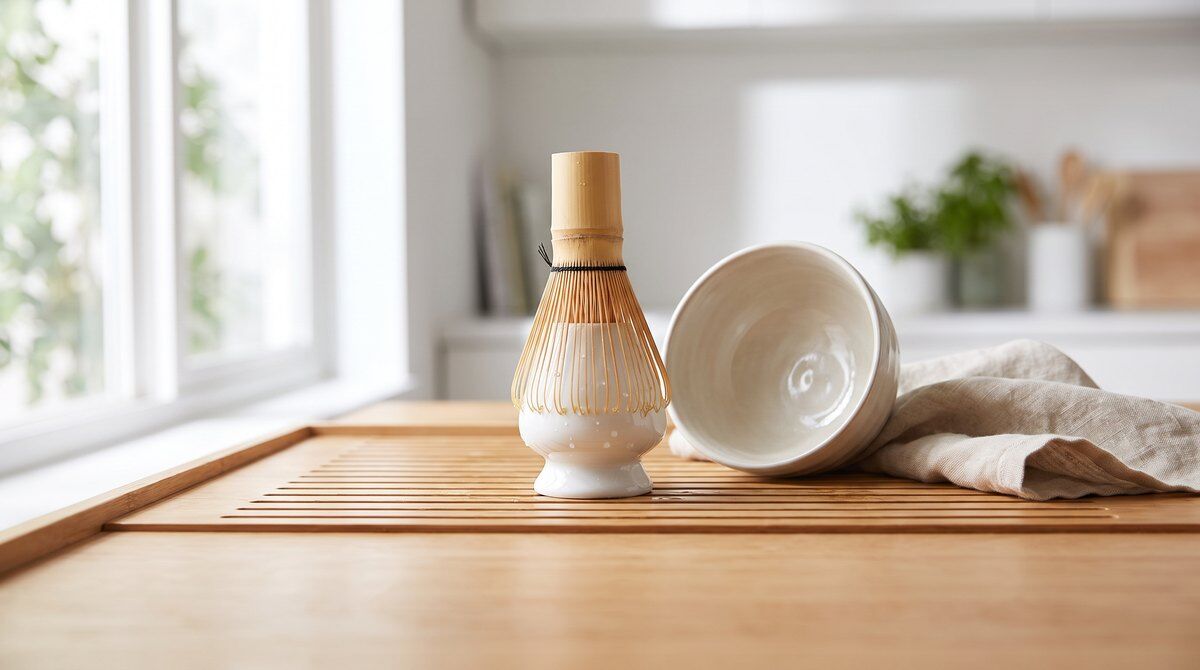 Bamboo matcha whisk drying upright on a ceramic whisk holder next to a rinsed matcha bowl