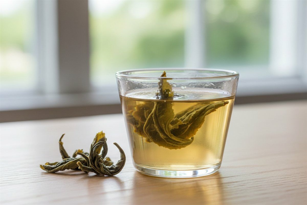 Rolled milk oolong leaves opening in a small glass cup of pale golden tea