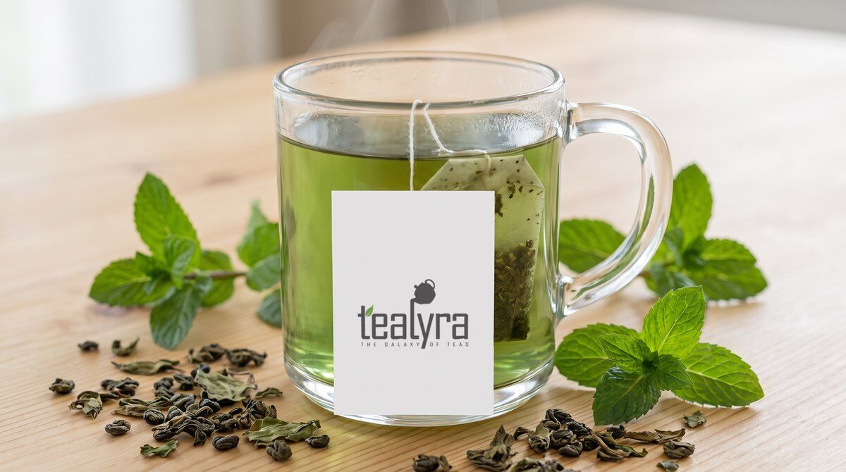 A glass mug of mint green tea with a tea bag, a Tealyra tea tag, fresh spearmint and loose gunpowder tea