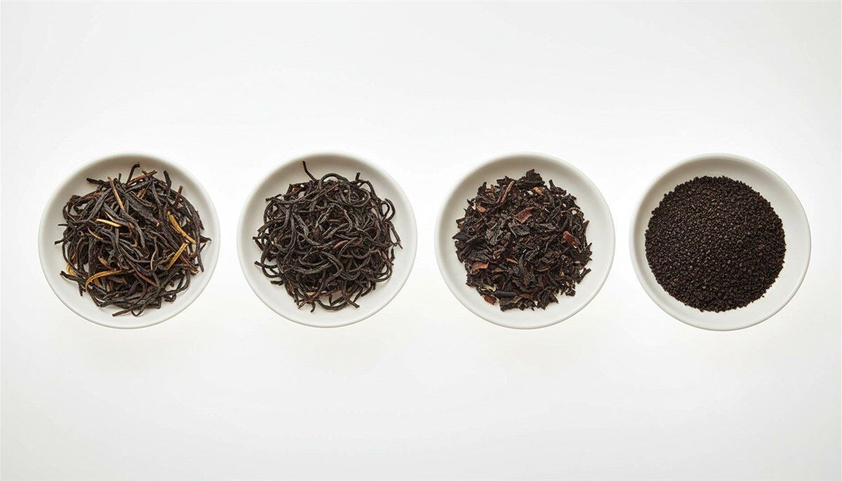 Four black tea grades side by side, from whole tippy leaves to fine broken pieces