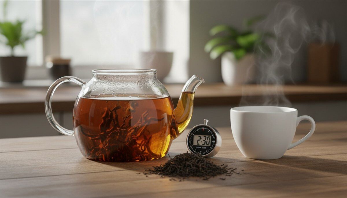 Whole-leaf black tea steeping in a glass teapot
