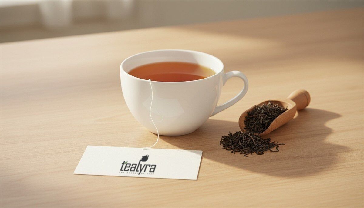 Tealyra tea tag beside a cup of orange pekoe black tea and a scoop of loose leaves