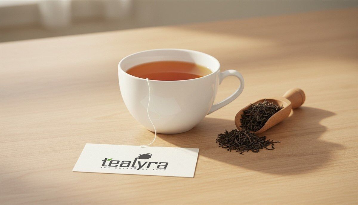 Tealyra tea tag beside a cup of orange pekoe black tea and a scoop of loose leaves