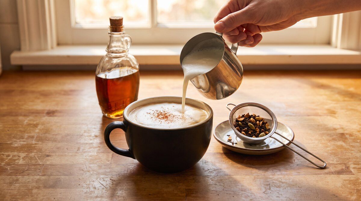 Pouring frothed milk into a mug of pumpkin spice chai for a homemade latte, with maple syrup and a tea strainer