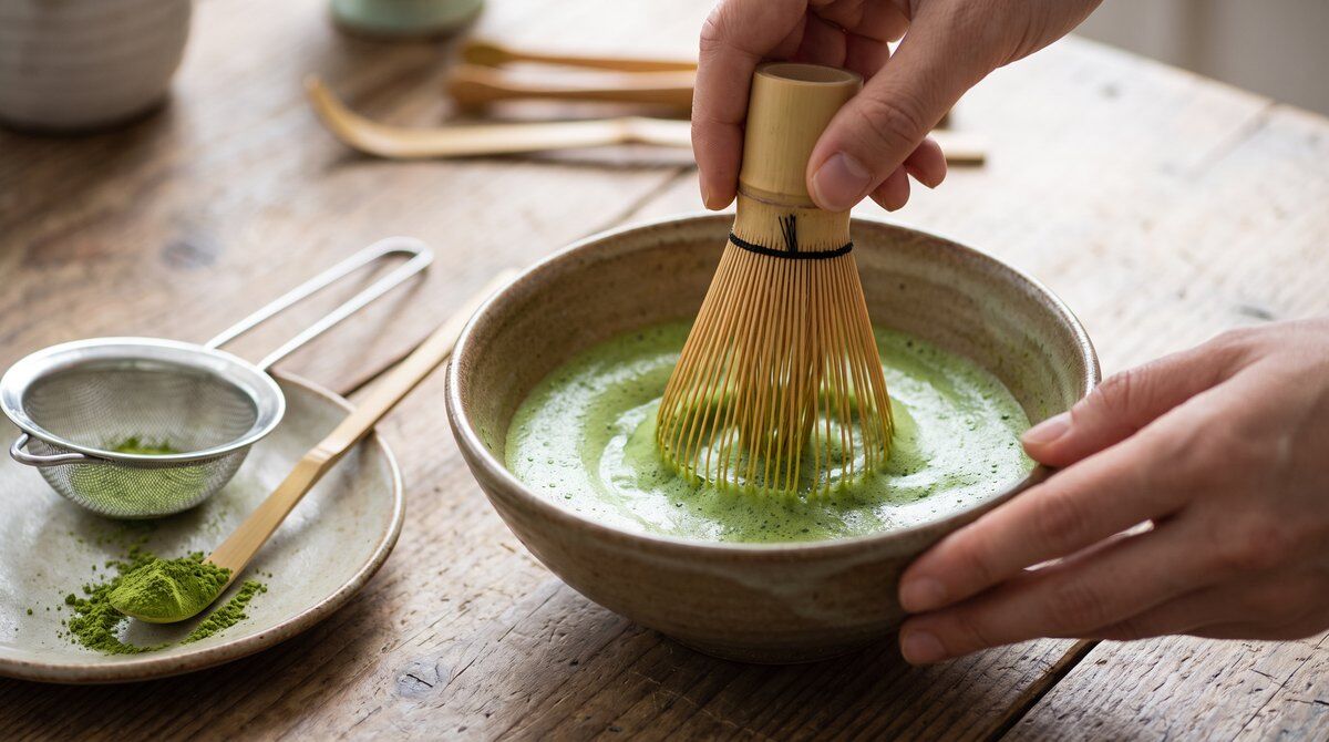 Hands whisking frothy matcha in a ceramic bowl with a 100-prong bamboo chasen, with a sieve and bamboo scoop