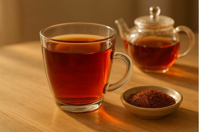 A glass cup of deep red rooibos tea next to a small dish of loose rooibos needles