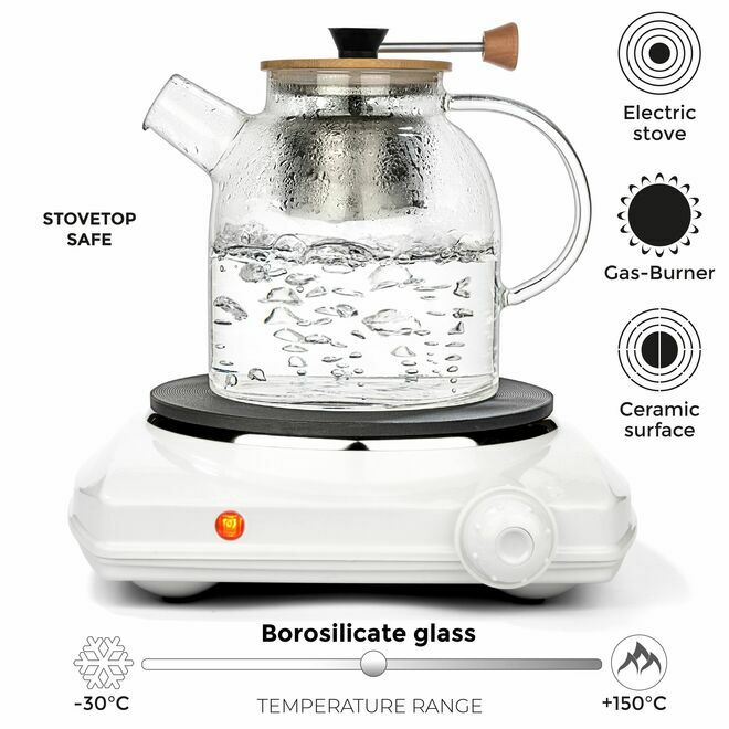 Teekanne & Wasserkocher aus Glas mit Teesieb 47Oz