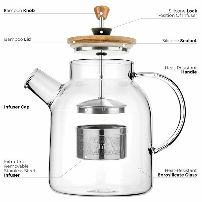 Teekanne & Wasserkocher aus Glas mit Teesieb 47Oz