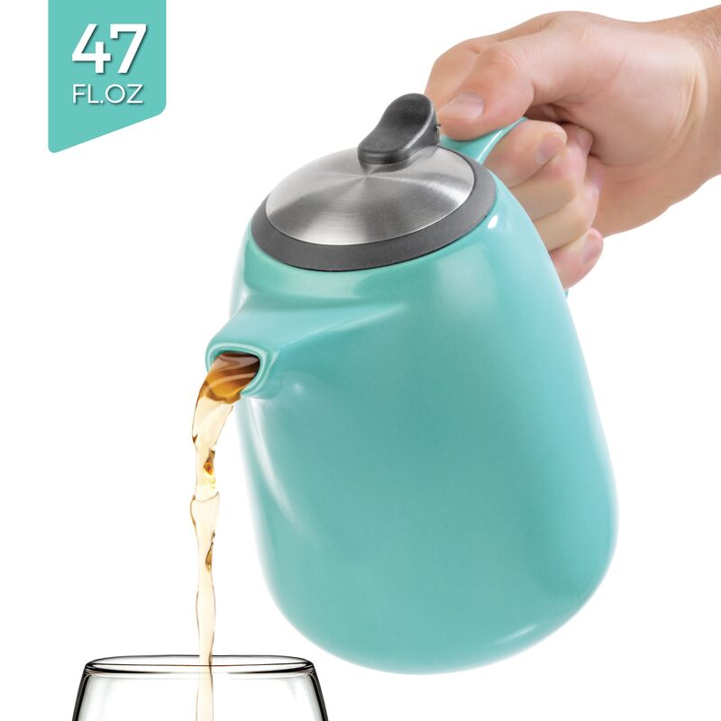 - With Stainless Steel Lid Extra-Fine Infuser for Loose Leaf Tea Daze Ceramic Large Teapot Blue 6-7 cups Tealyra 47-ounce 1400ml 